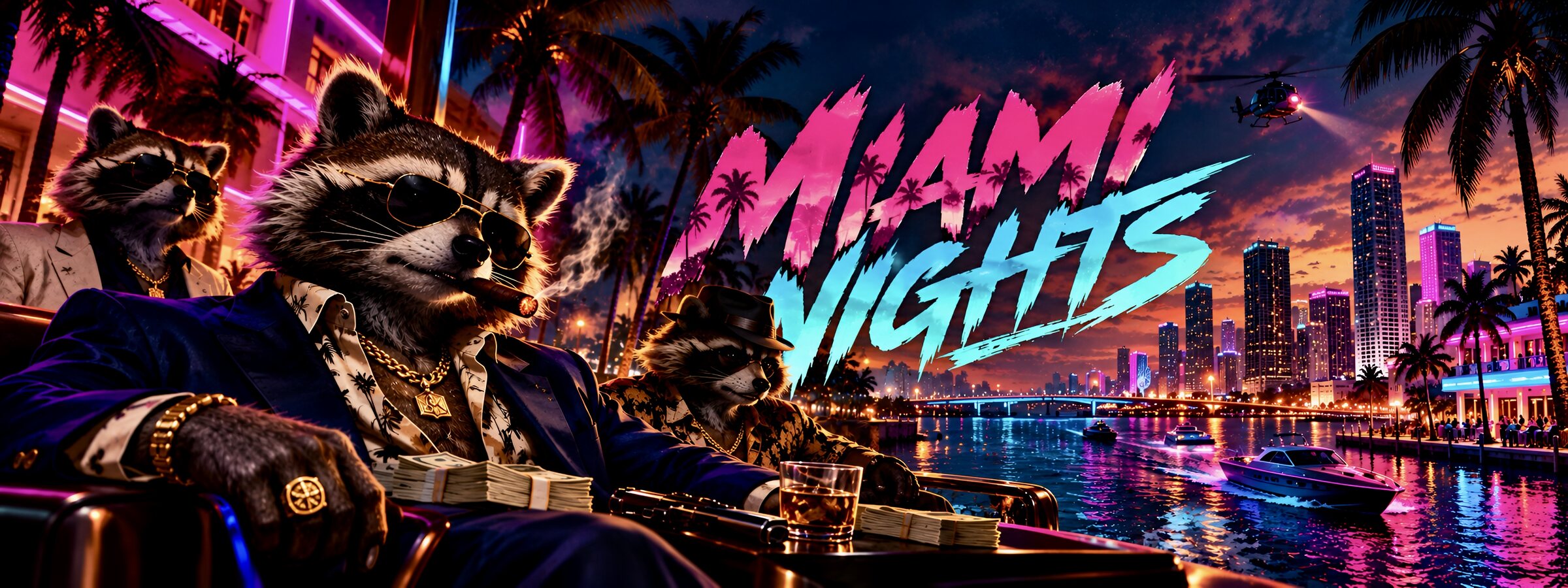 Miami Nights: raccoon mobsters in sunglasses and gold chains lounge with cash and a cigar on a neon Miami waterfront at night, the skyline and speedboats behind them.